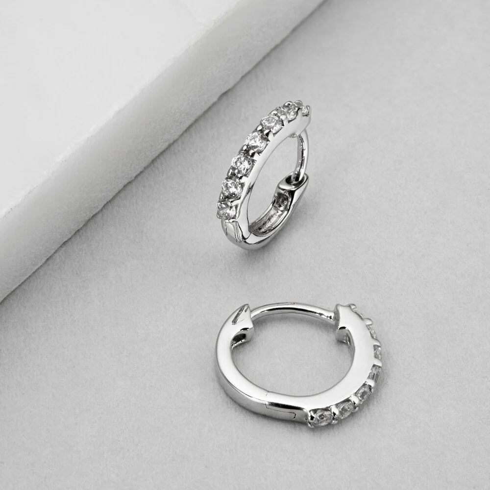 Silver Genuine Diamond Huggie Hoop Earrings - Image 3