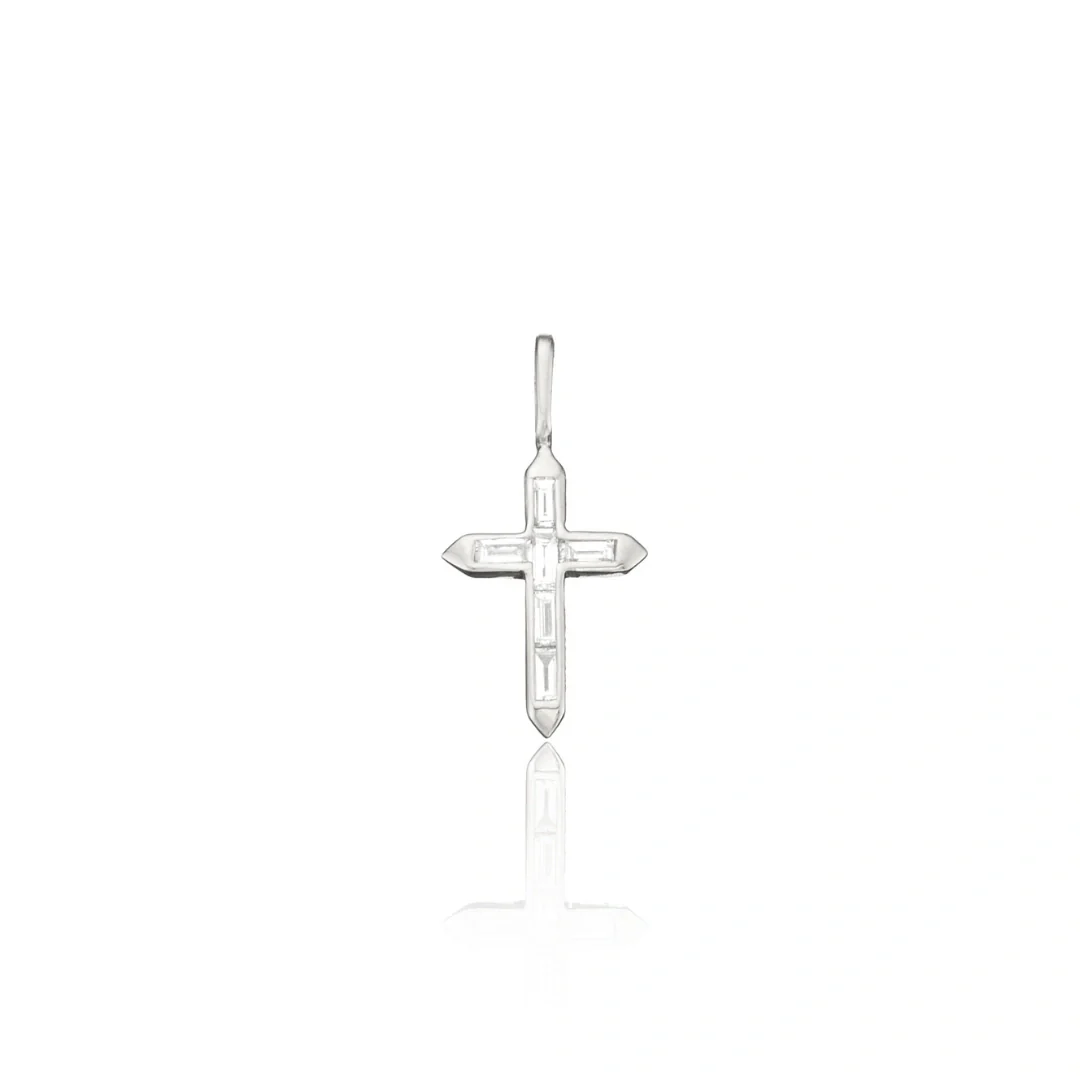 Solid White Gold Individual Baguette Genuine Diamond Tiny Cross Charm
