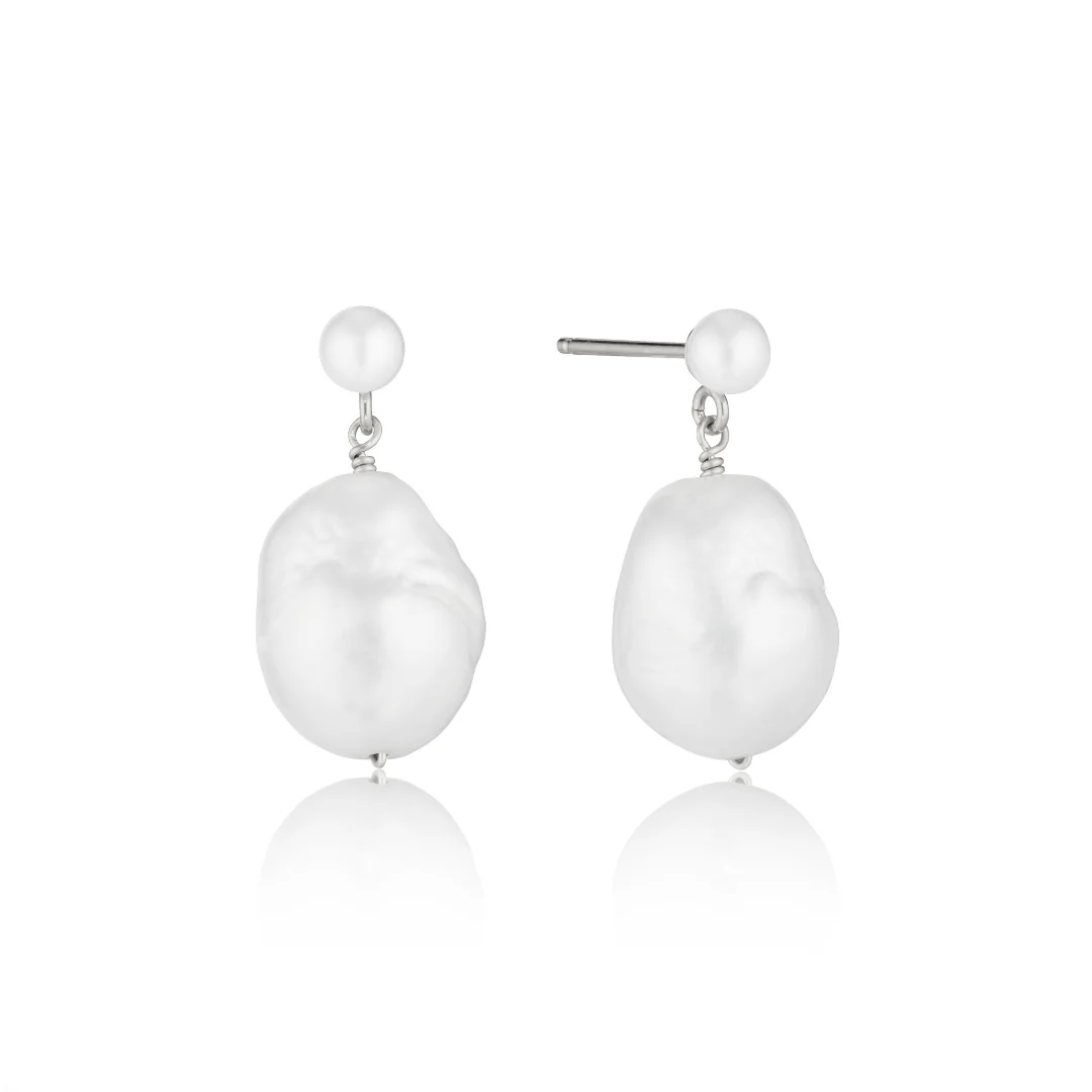 Silver Large Double Baroque Pearl Drop Stud Earrings
