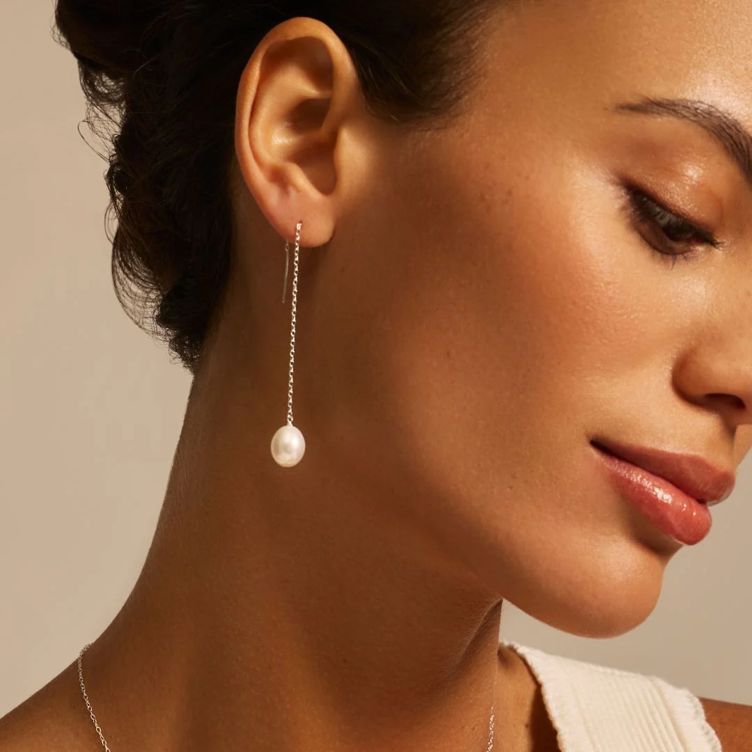 Silver Large Pearl Drop Ear Threaders and Single Pearl Choker Gift Set - Image 3