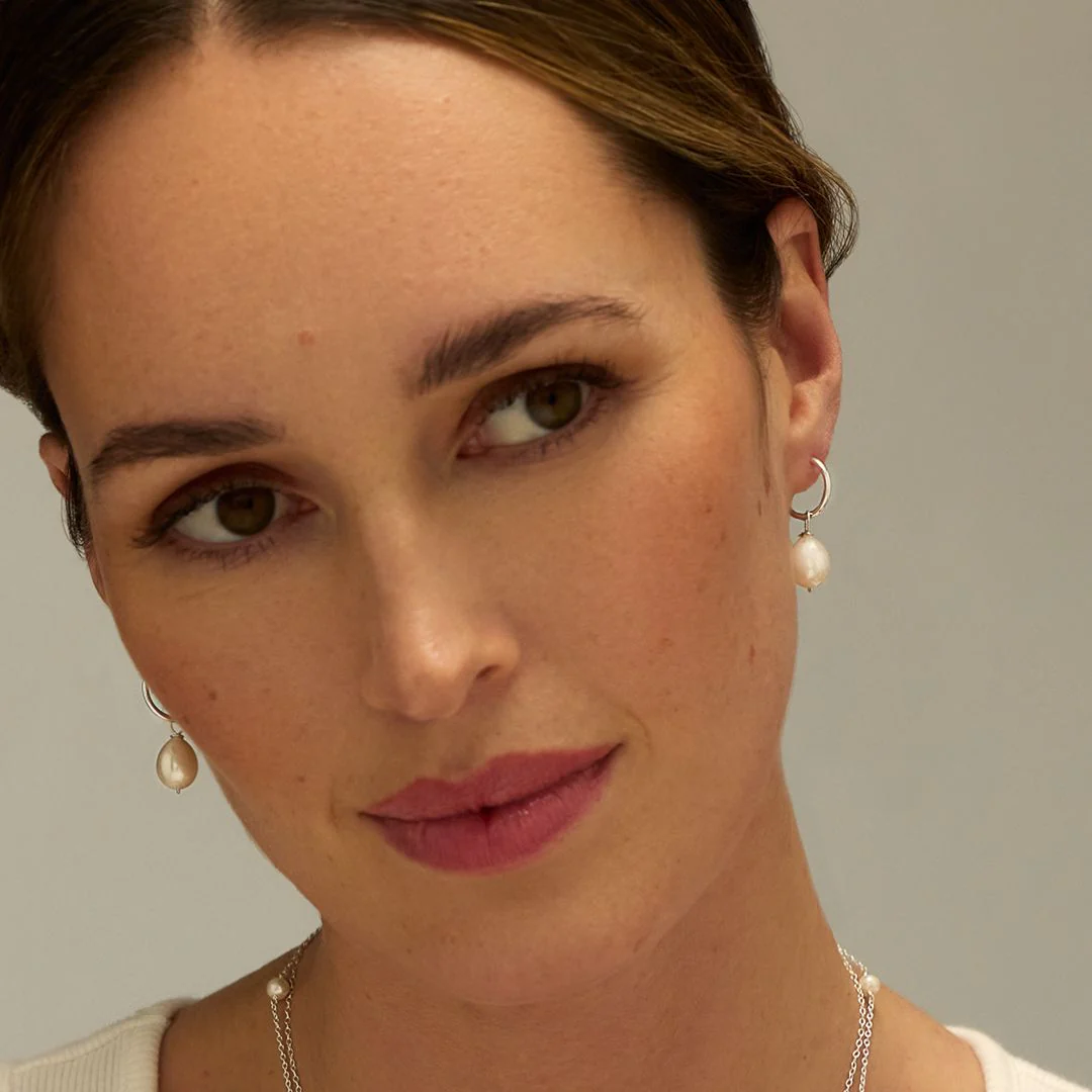 Silver Large Pearl Drop Hoop Earrings - Image 4