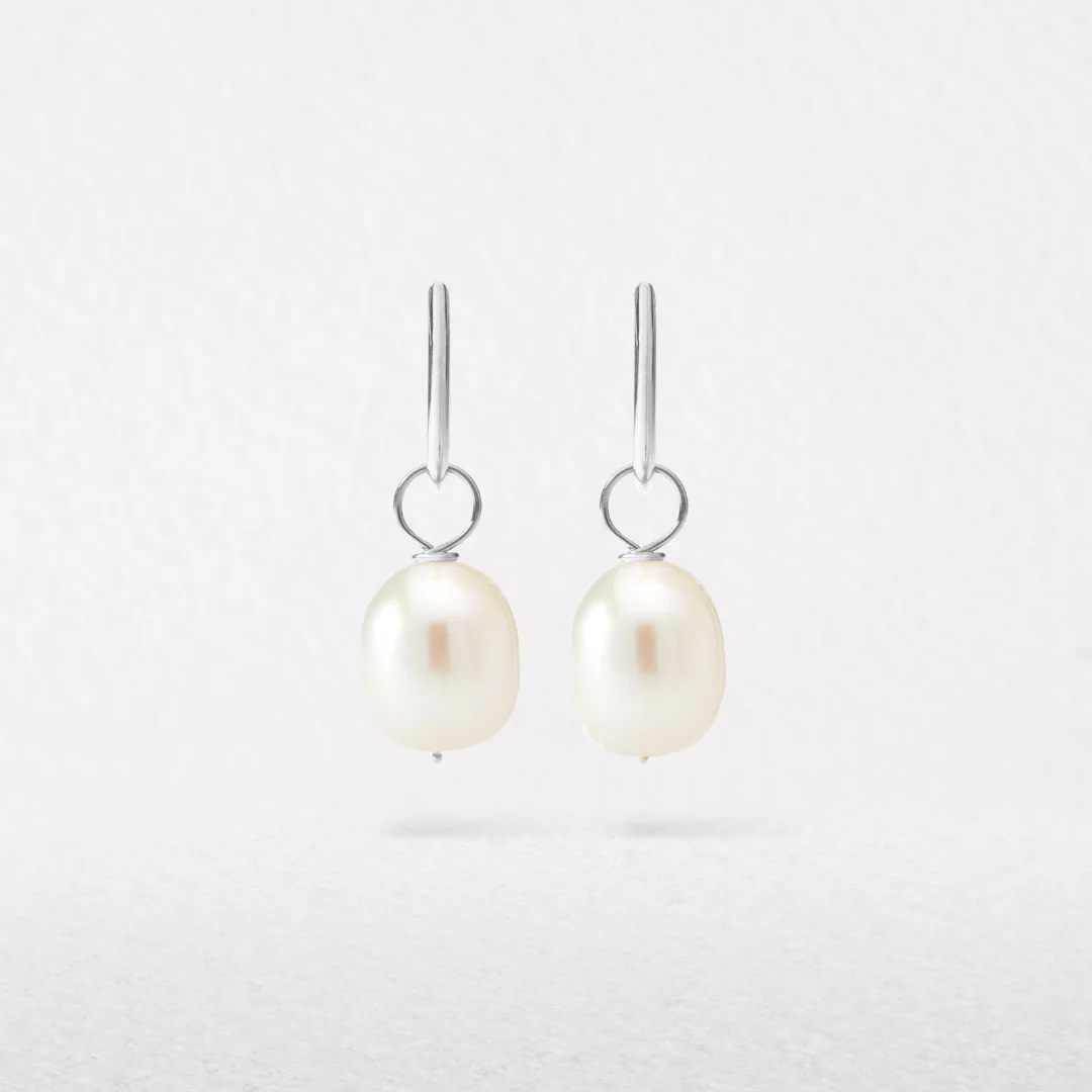 Silver Large Pearl Drop Hoop Earrings - Image 9