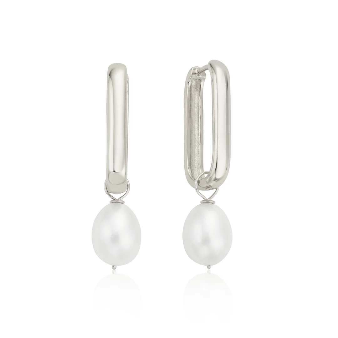 Silver Large Plain Pearl Drop Hoop Earrings