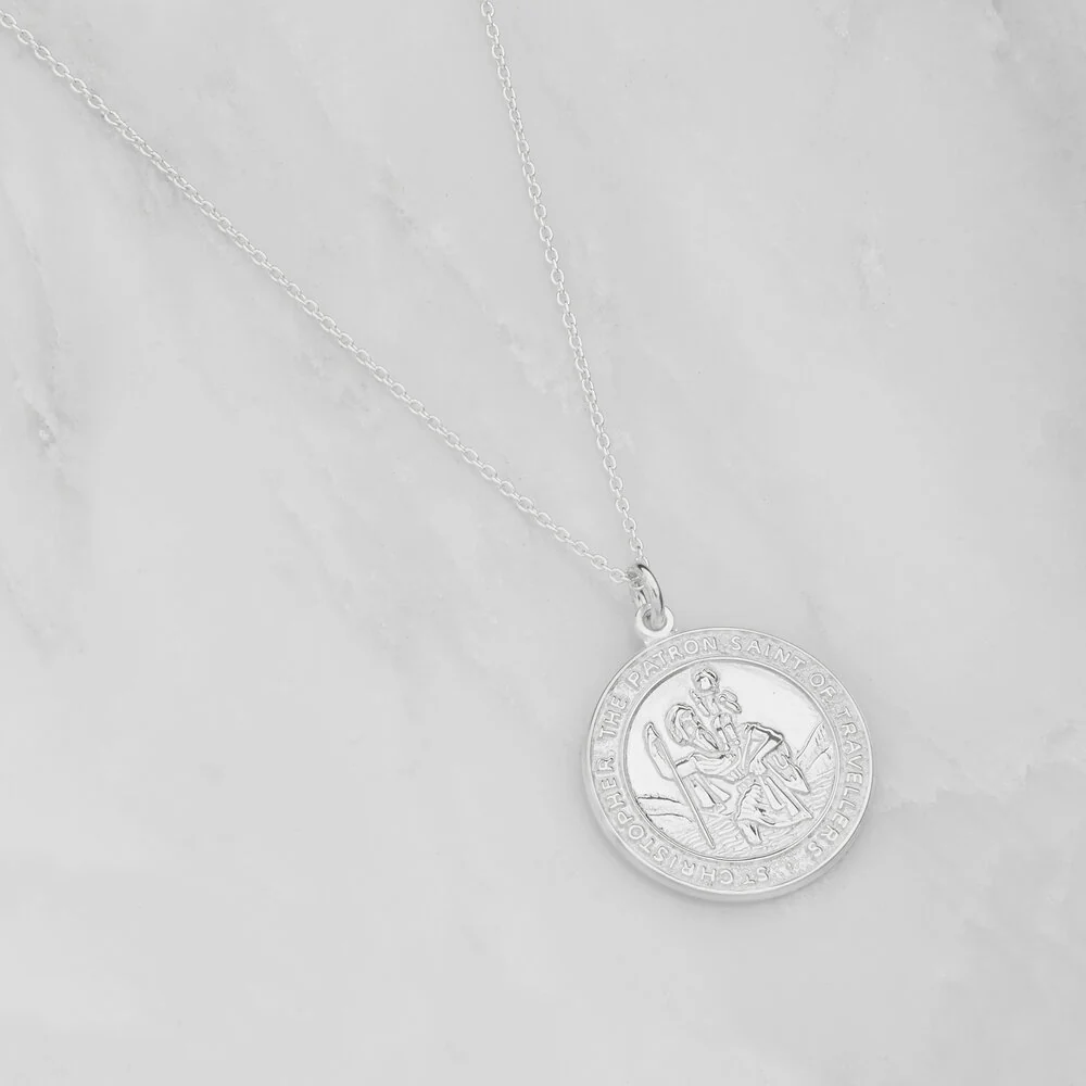 Silver Large Round St Christopher Medallion Necklace - Image 4