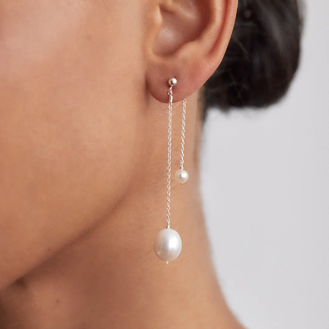 Silver Layered Large and Small Pearl Earrings - Image 2