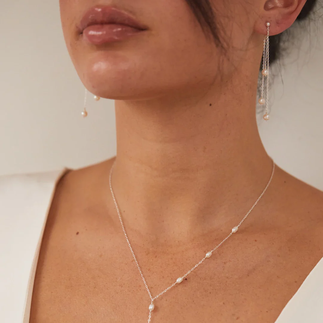 Silver Layered Pearl Drop Earrings - Image 5