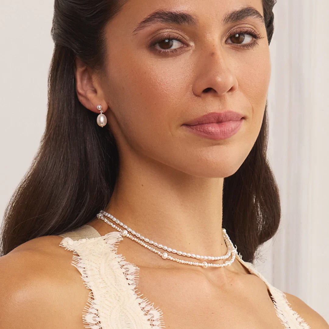 Silver Double Pearl Drop Stud Earrings - Image 10