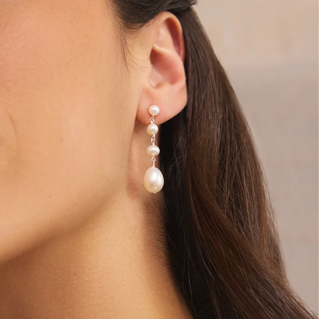 Silver Multi Pearl Drop Earrings - Image 5