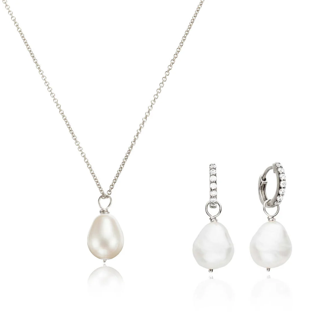 Silver Pearl Drop Huggies and Large Pearl Necklace Gift Set