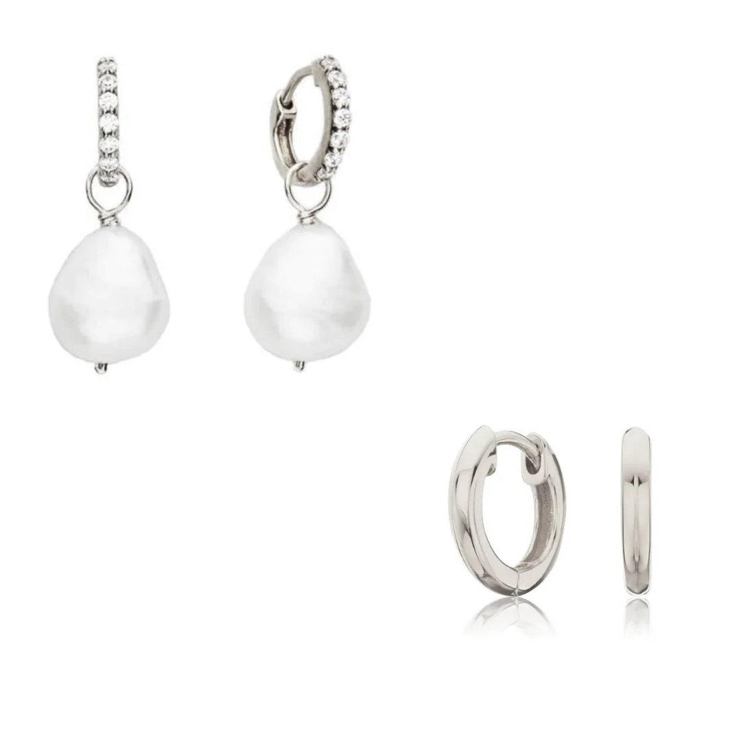 Silver Pearl Drop Huggies and Plain Huggies Earrings Gift Set