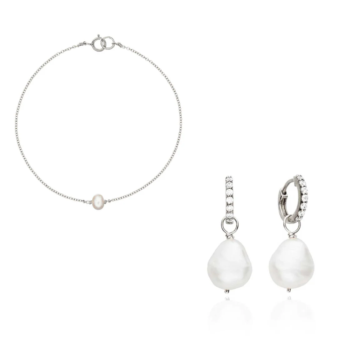 Silver Pearl Drop Huggies and Single Pearl Bracelet Gift Set