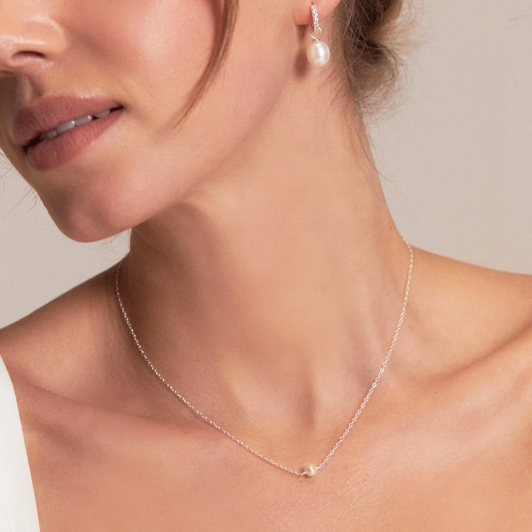 Silver Pearl Drop Huggies and Single Pearl Choker Gift Set - Image 2