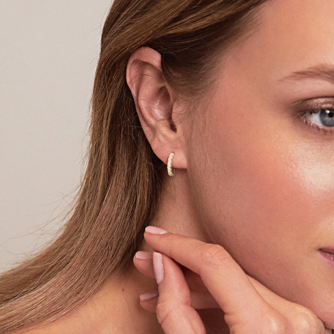 Silver Pearl Row Huggie Hoop Earrings - Image 4