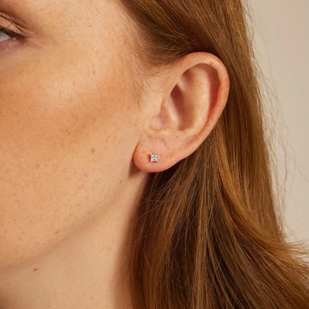 Silver Princess Diamond Style Square Stud Earrings - Image 2