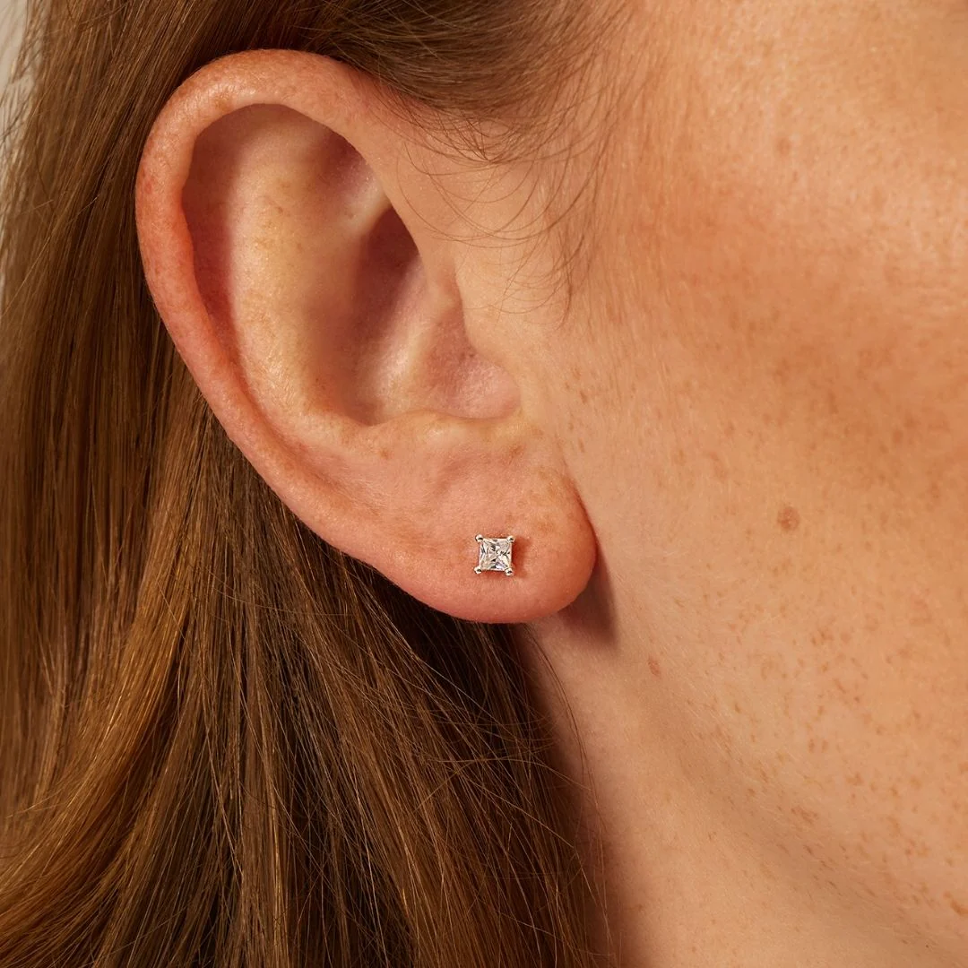 Silver Princess Diamond Style Square Stud Earrings - Image 3