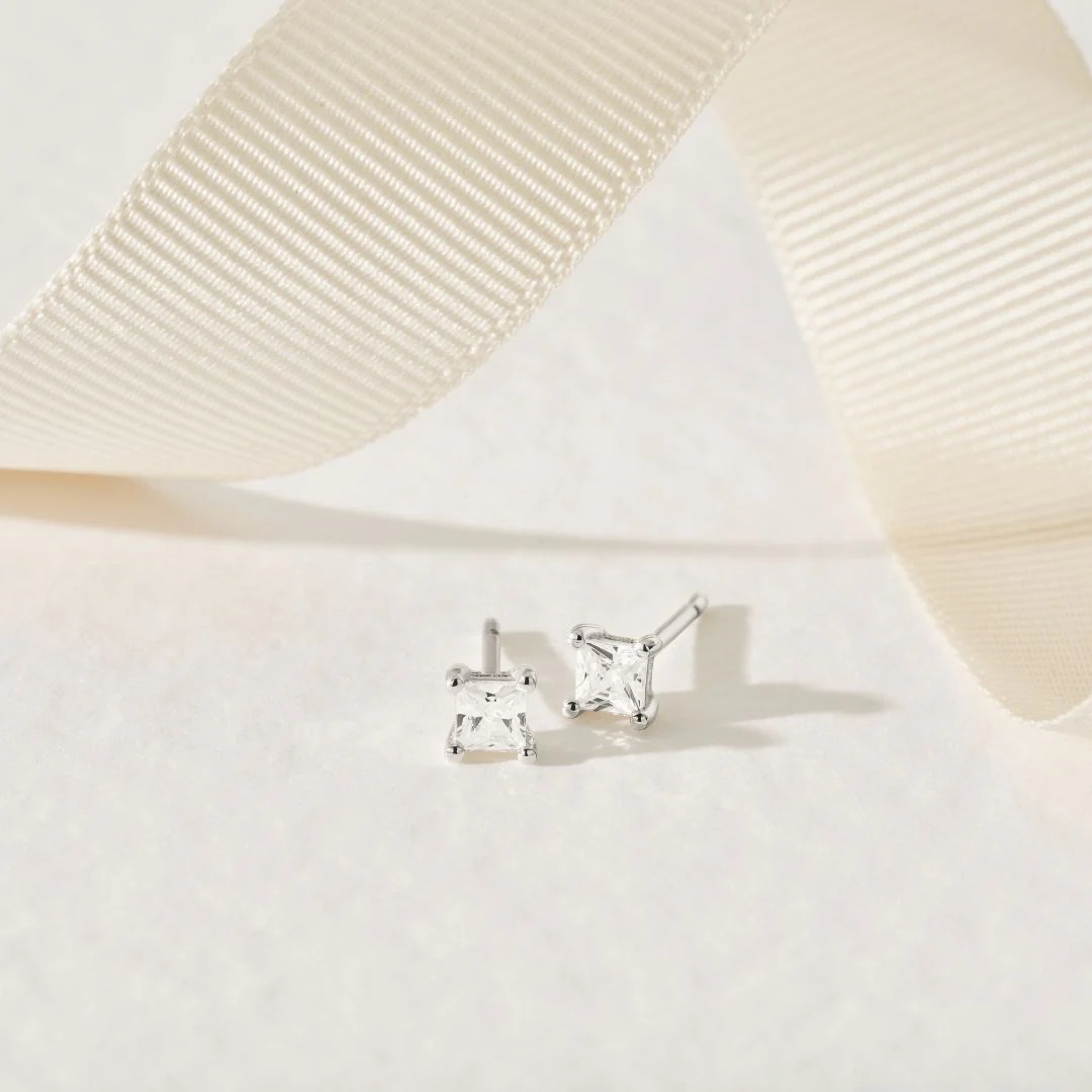 Silver Princess Diamond Style Square Stud Earrings - Image 5