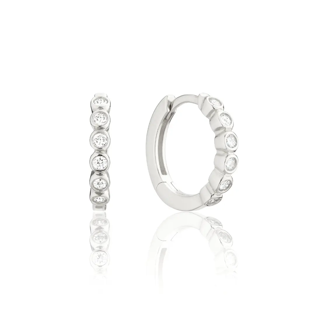 Silver Round Diamond Style Huggie Hoop Earrings