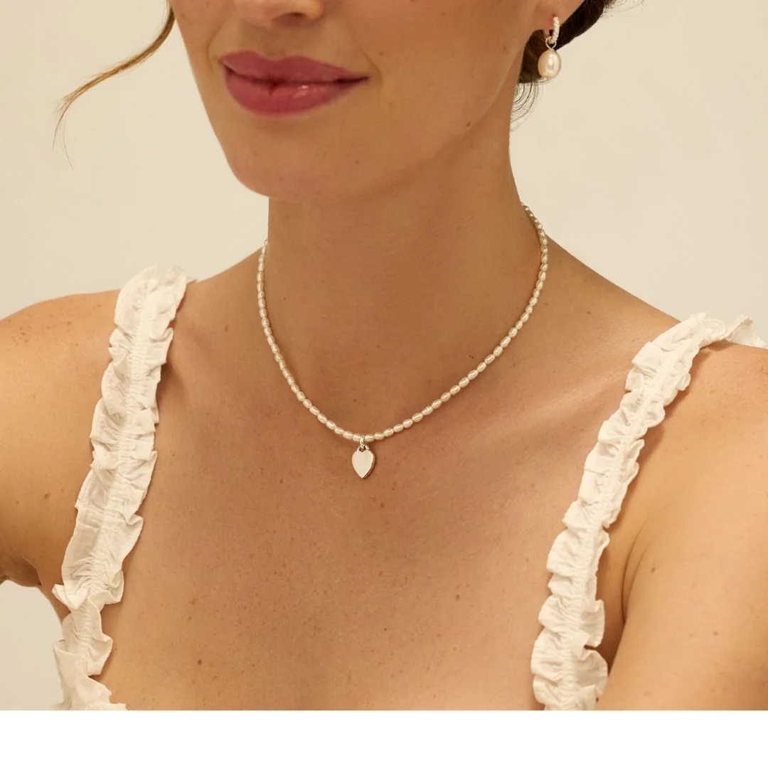 Silver Seed Pearl Engraved Heart Necklace - Image 2
