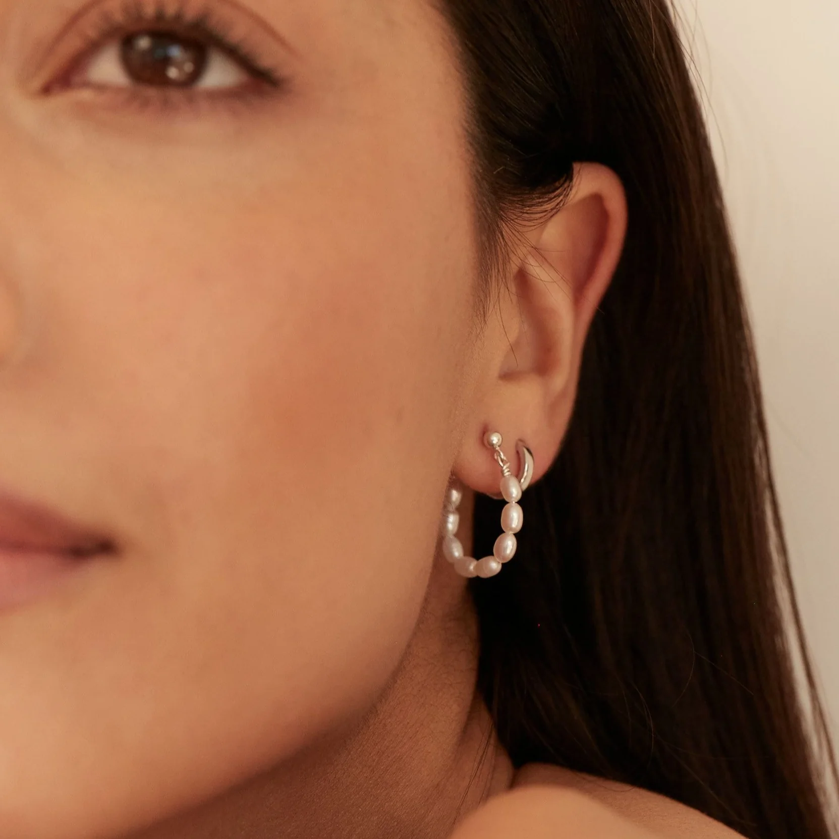 Silver Seed Pearl Hoop Earrings - Image 2