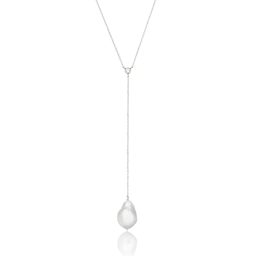 Silver Single Diamond Style Baroque Pearl Lariat Necklace