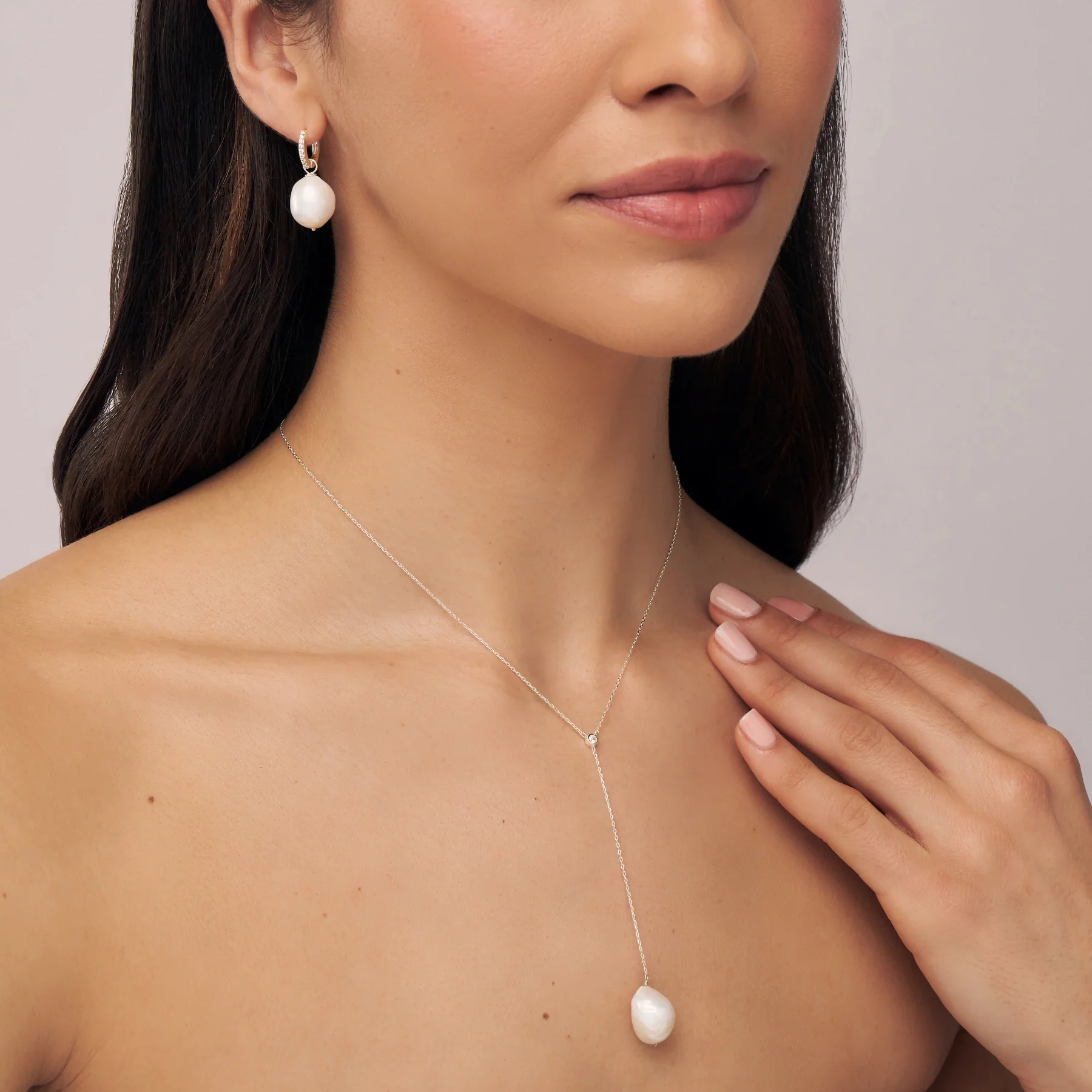 Silver Single Diamond Style Baroque Pearl Lariat Necklace - Image 3