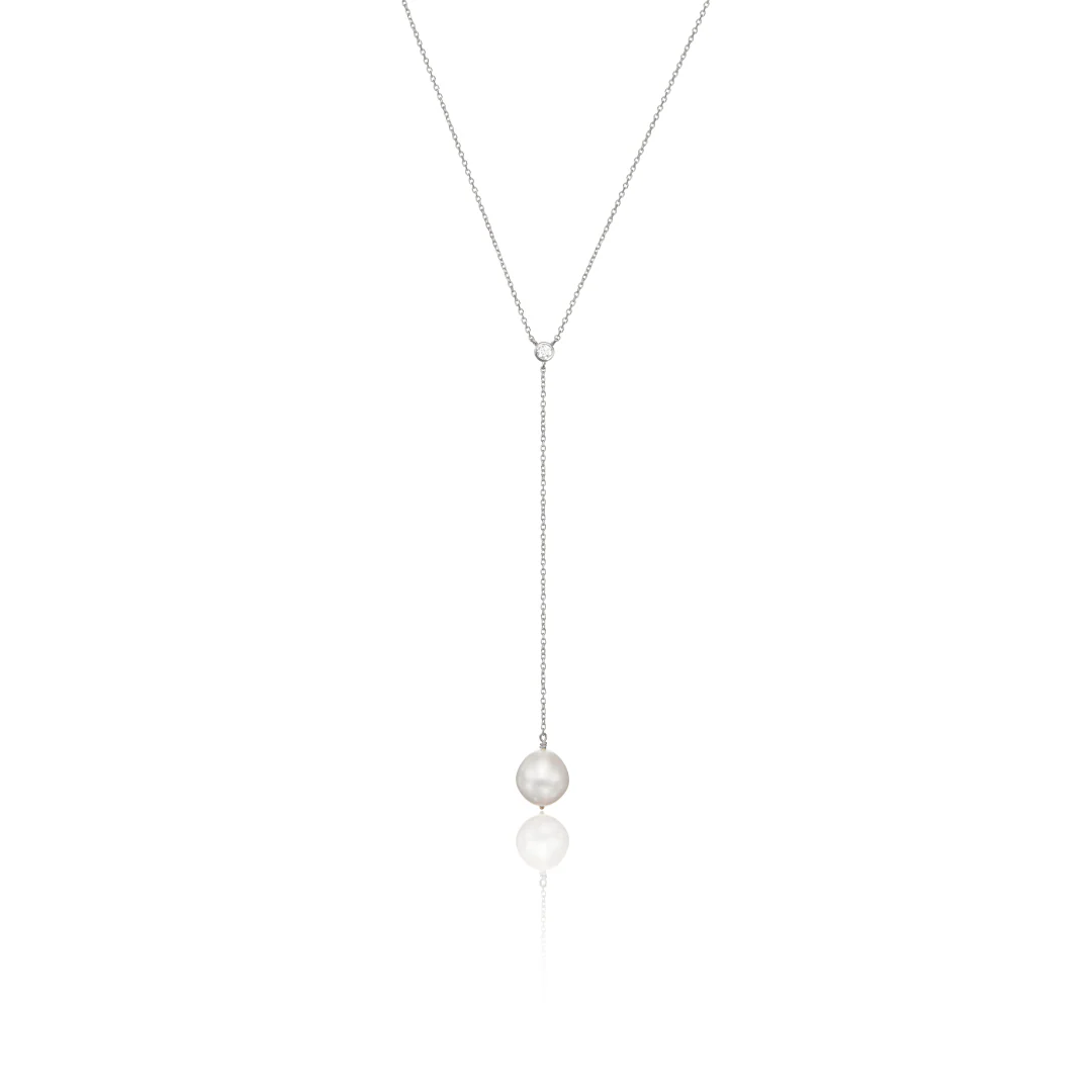 Silver Single Diamond Style Pearl Lariat Necklace
