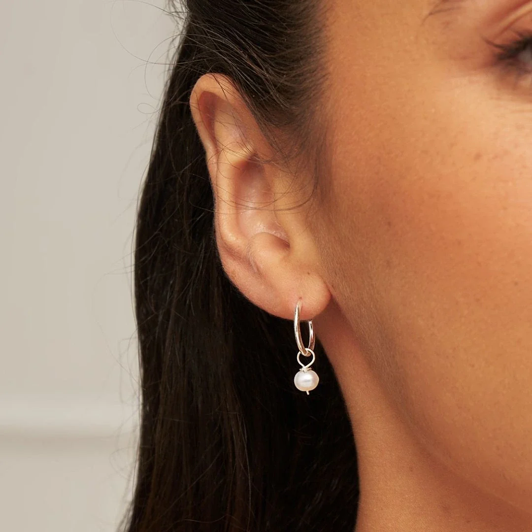 Silver Small Pearl Drop Hoop Earrings - Image 2