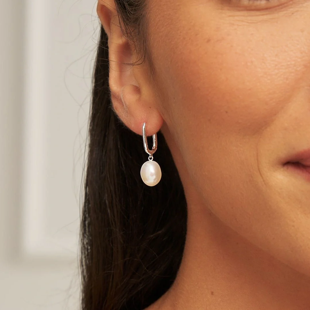 Silver Squared Hoop Baroque Pearl Drop Earrings - Image 2