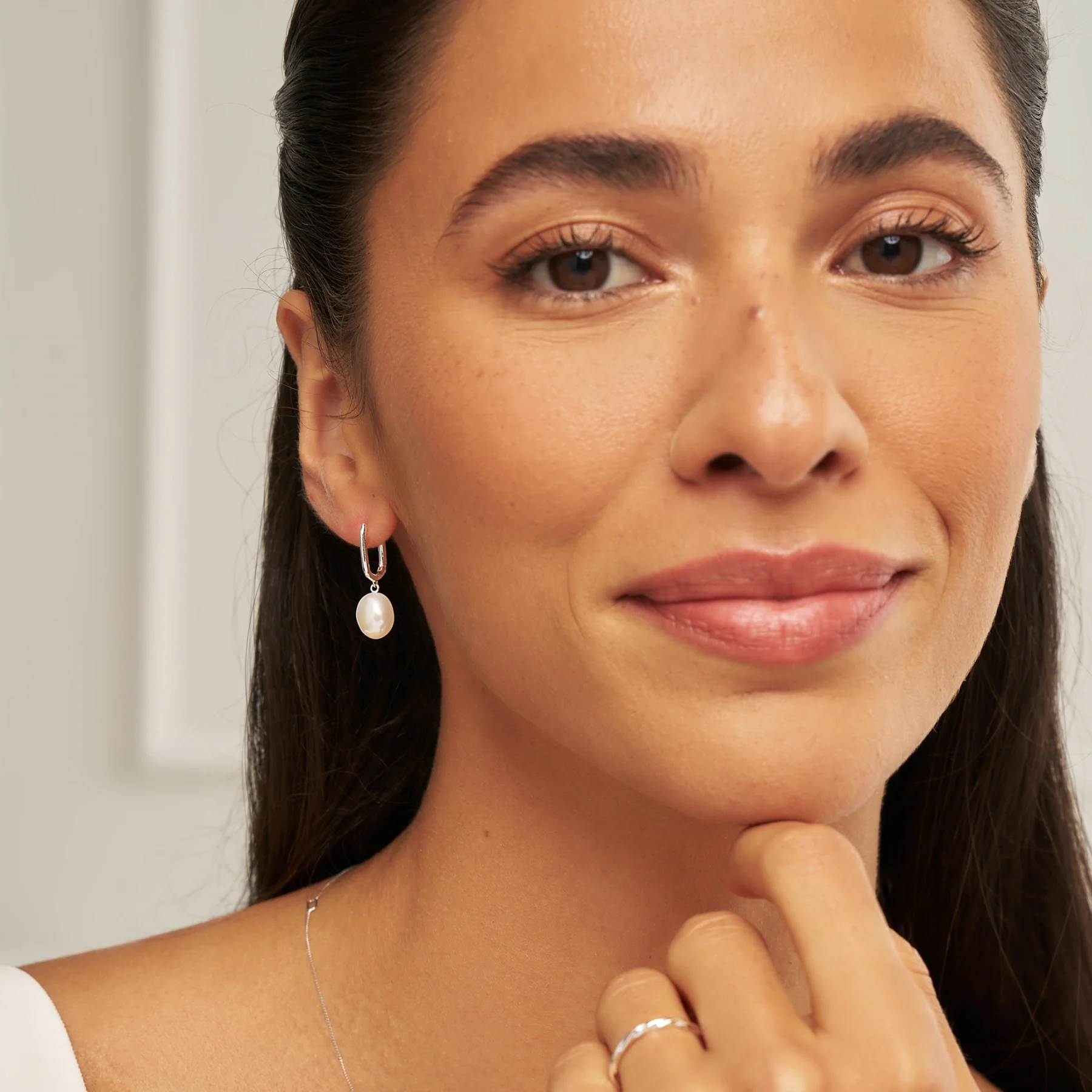 Silver Squared Hoop Baroque Pearl Drop Earrings - Image 3