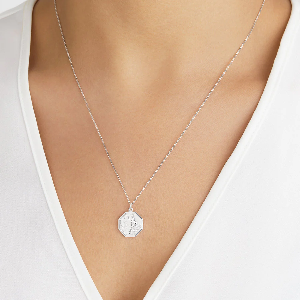 Silver St Christopher Octagonal Medallion Necklace - Image 2