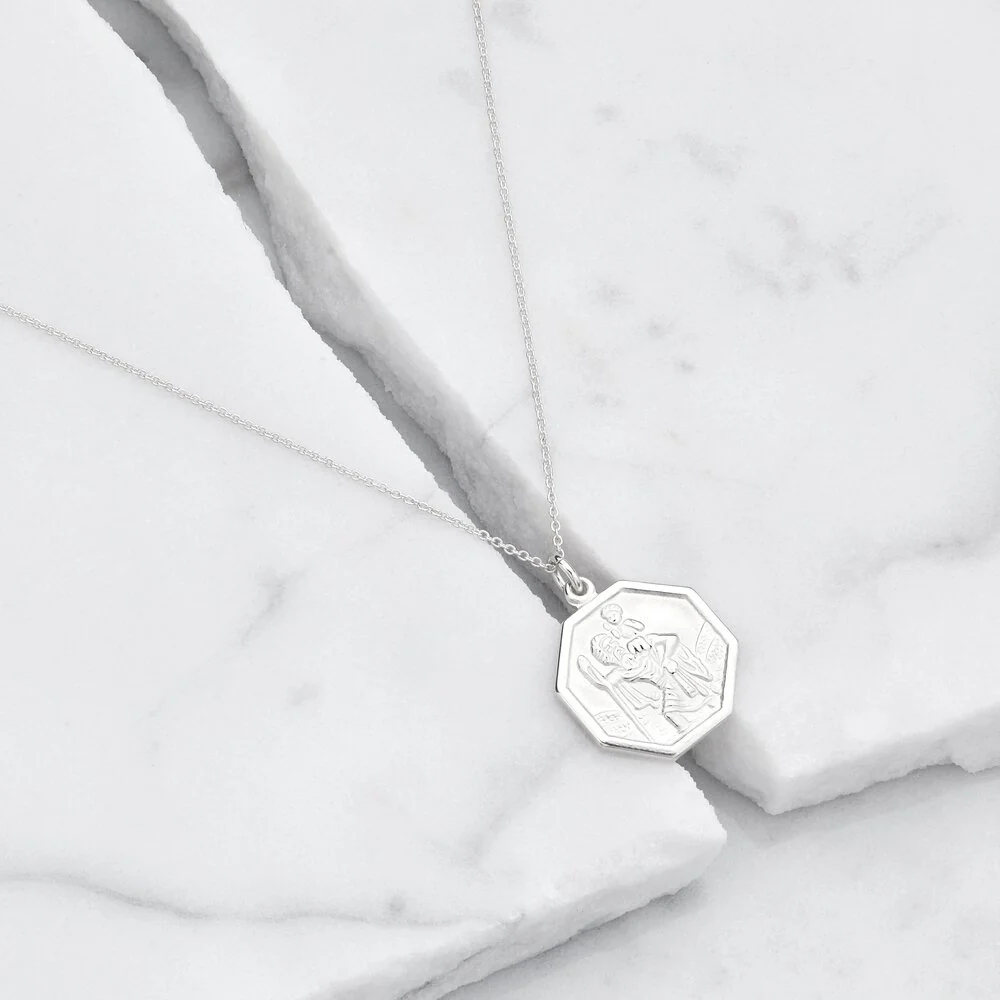 Silver St Christopher Octagonal Medallion Necklace - Image 3