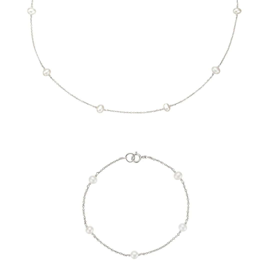 Silver Ten Pearl Choker and Five Pearl Bracelet Gift Set