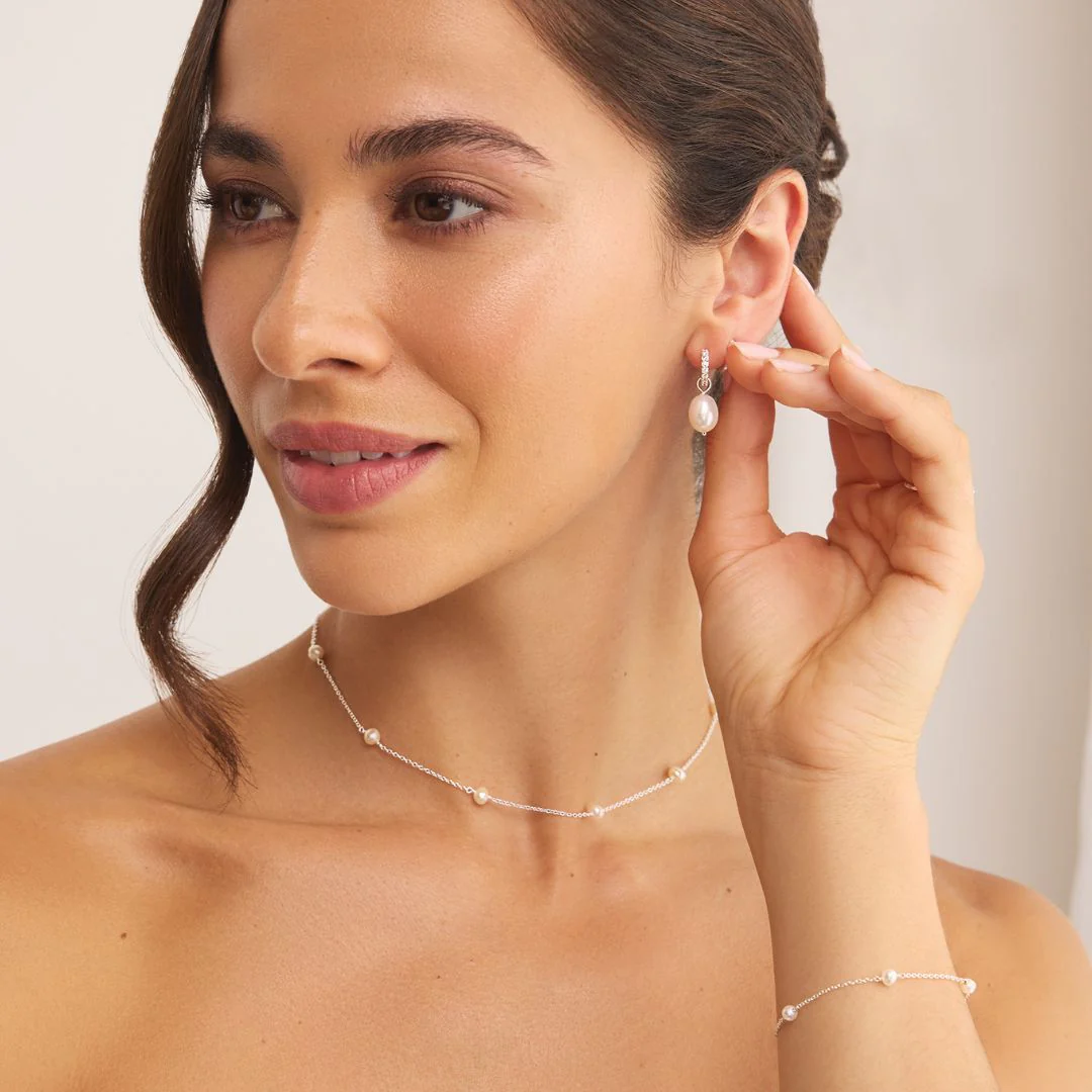 Silver Huggie Pearl Drop Earrings - Image 3