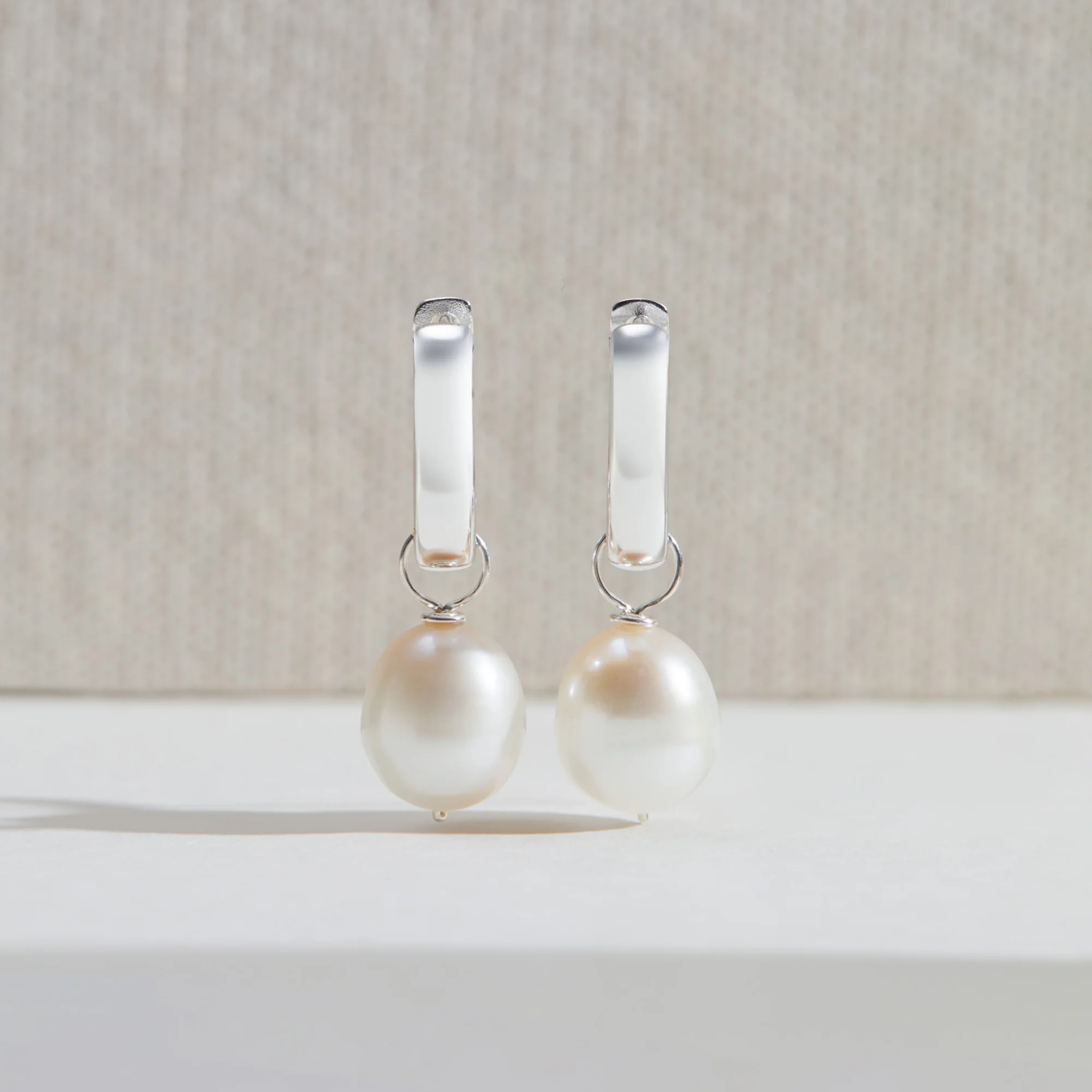 Silver Thick Squared Hoop Pearl Drop Earrings - Image 5