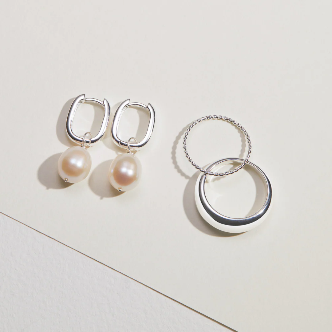 Silver Thick Squared Hoop Pearl Drop Earrings - Image 6