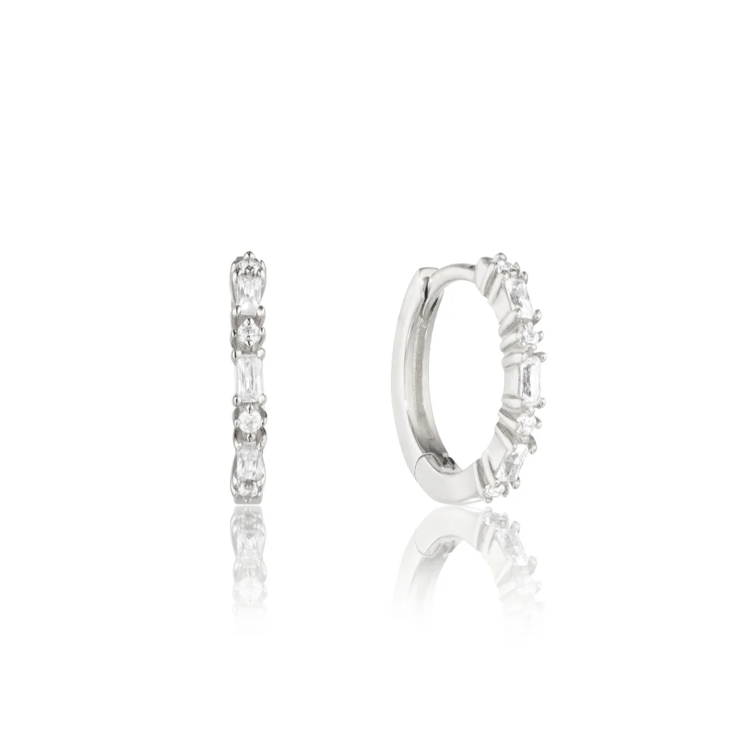 Silver Three Diamond Style Huggie Hoop Earrings