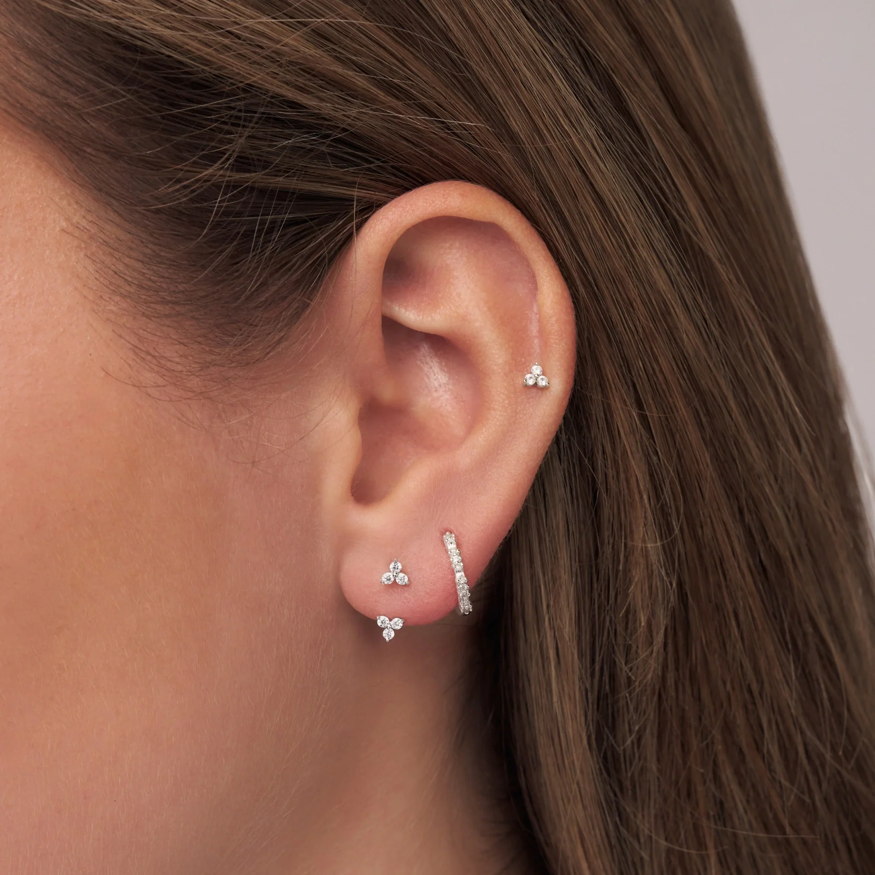 Silver Three Diamond Style Huggie Hoop Earrings - Image 2