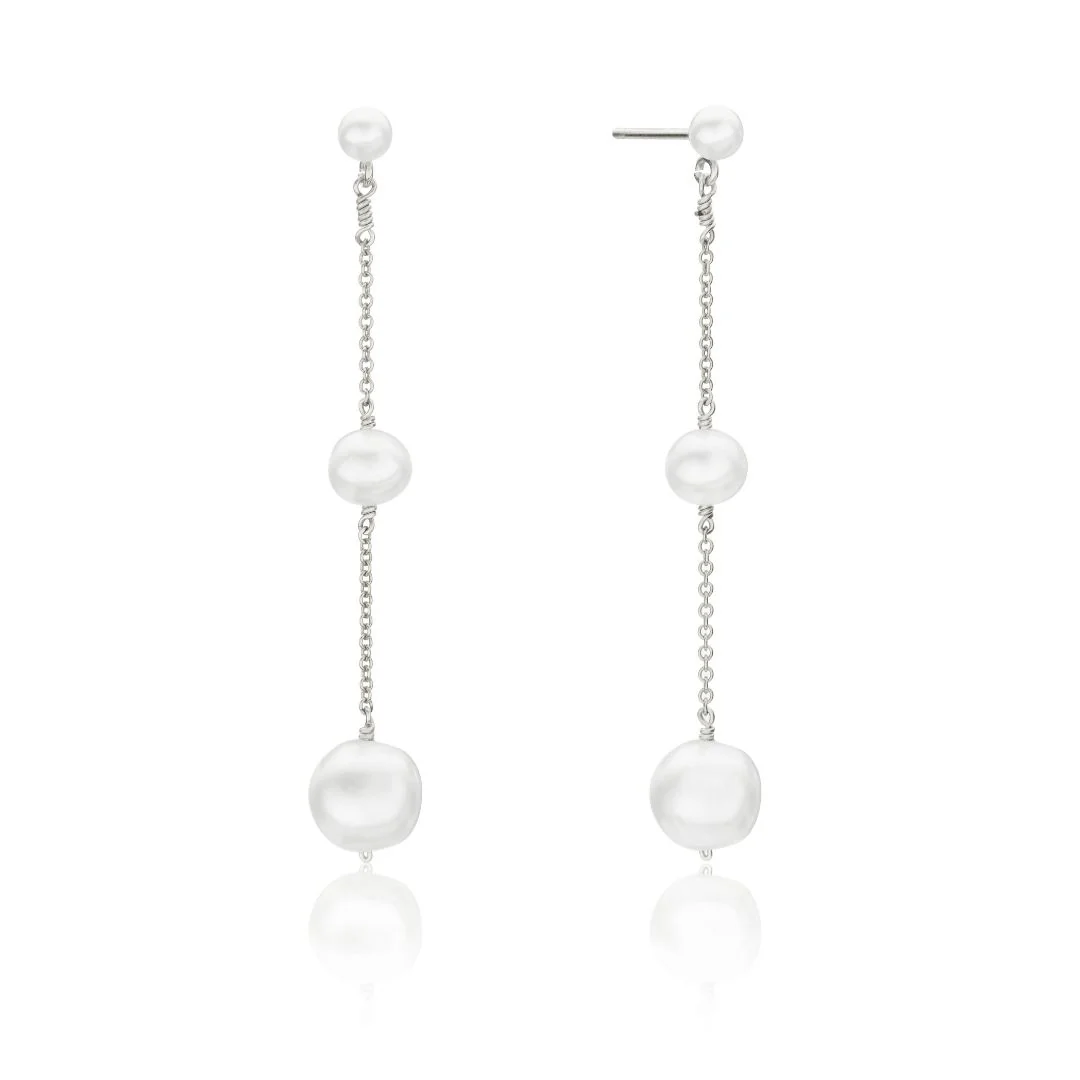 Silver Three Graduated Pearl Drop Earrings