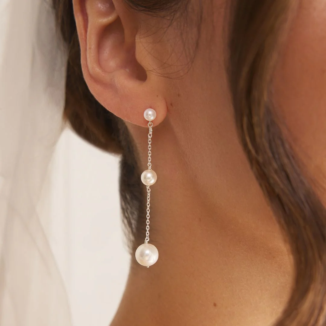 Silver Three Graduated Pearl Drop Earrings - Image 2