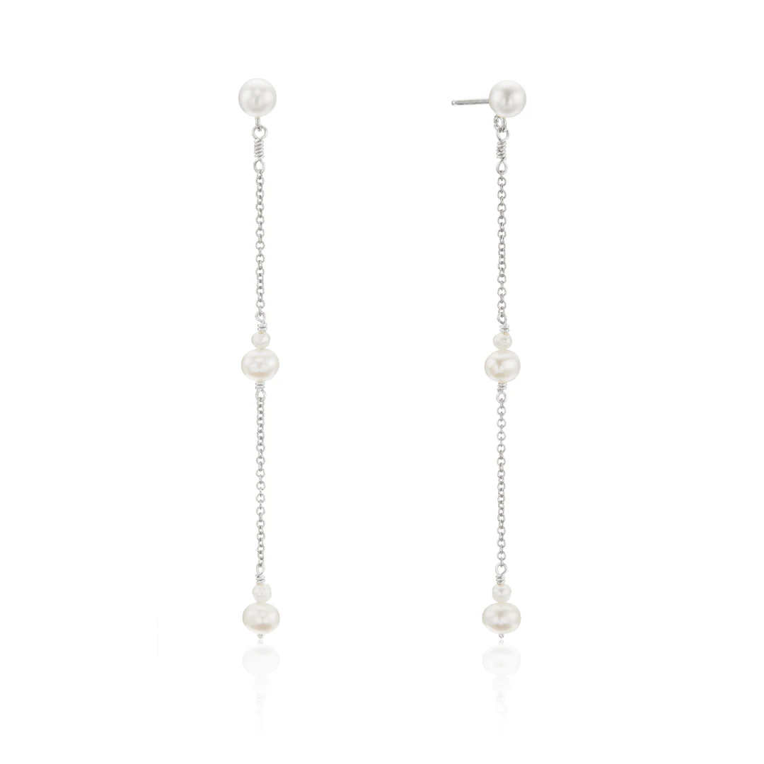 Silver Three Pearl Drop Earrings
