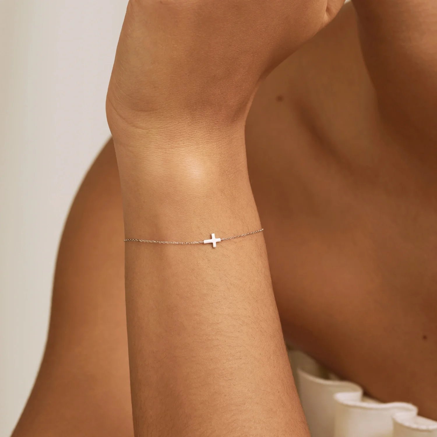 Solid White Gold Tiny Cross Bracelet - Image 4