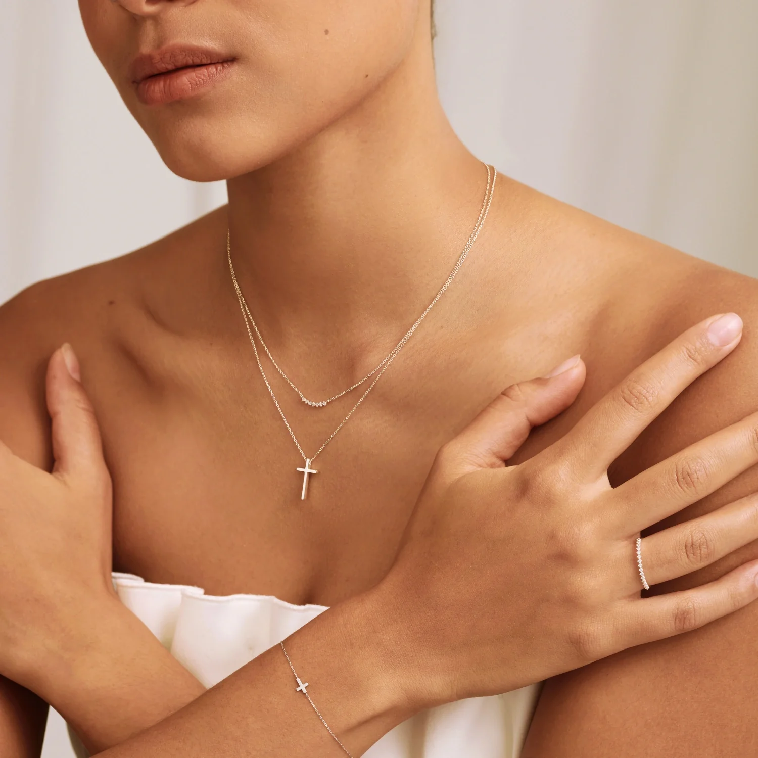 Solid White Gold Tiny Cross Bracelet - Image 3