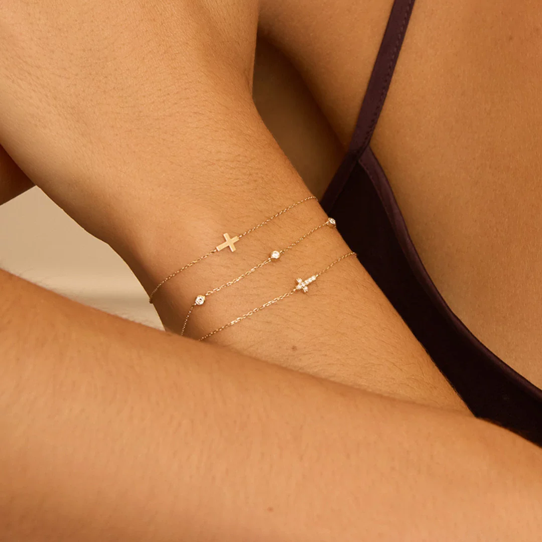 Solid Gold Genuine Diamond Tiny Cross Bracelet - Image 7
