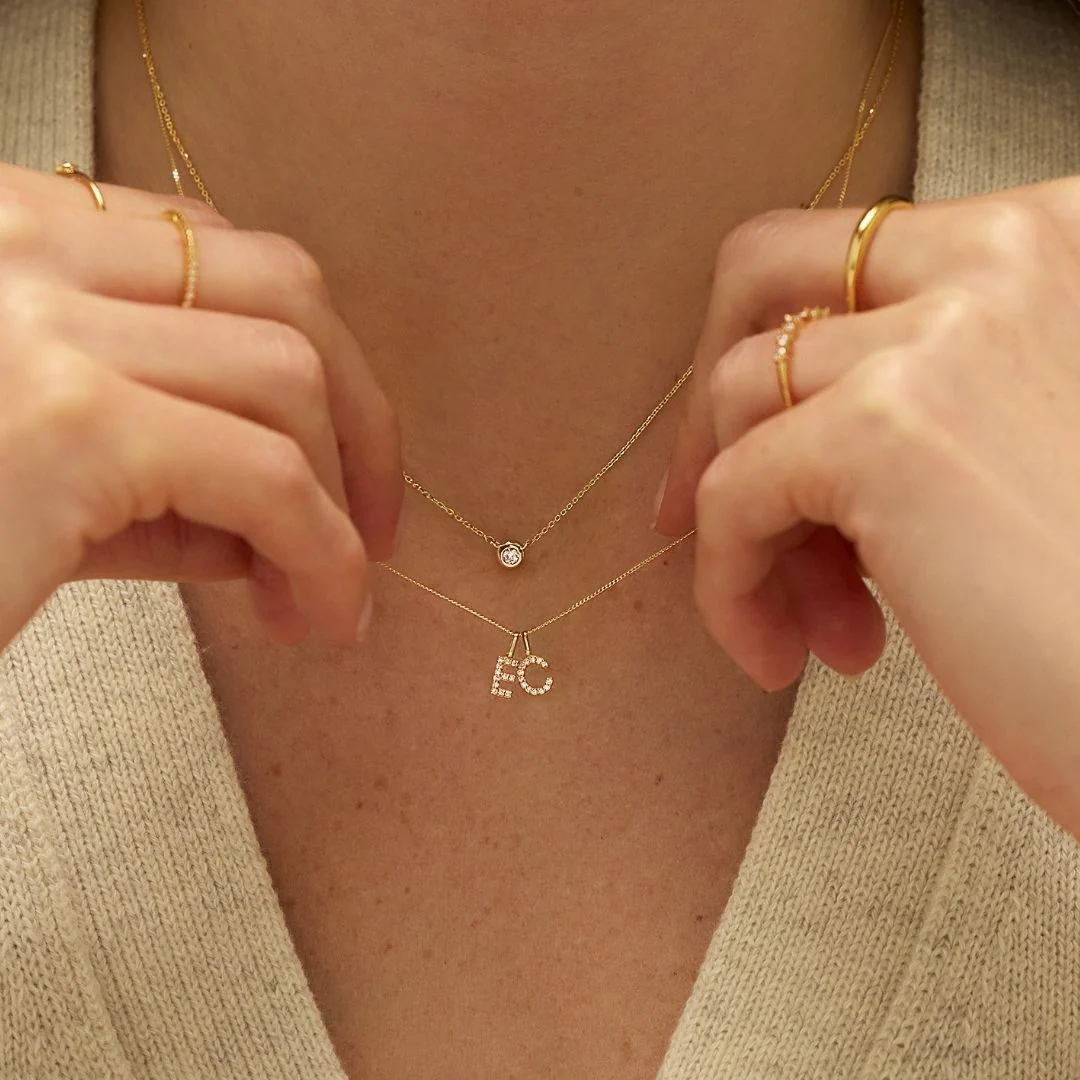 Solid Gold Genuine Diamond Initial Letter Necklace - Image 2