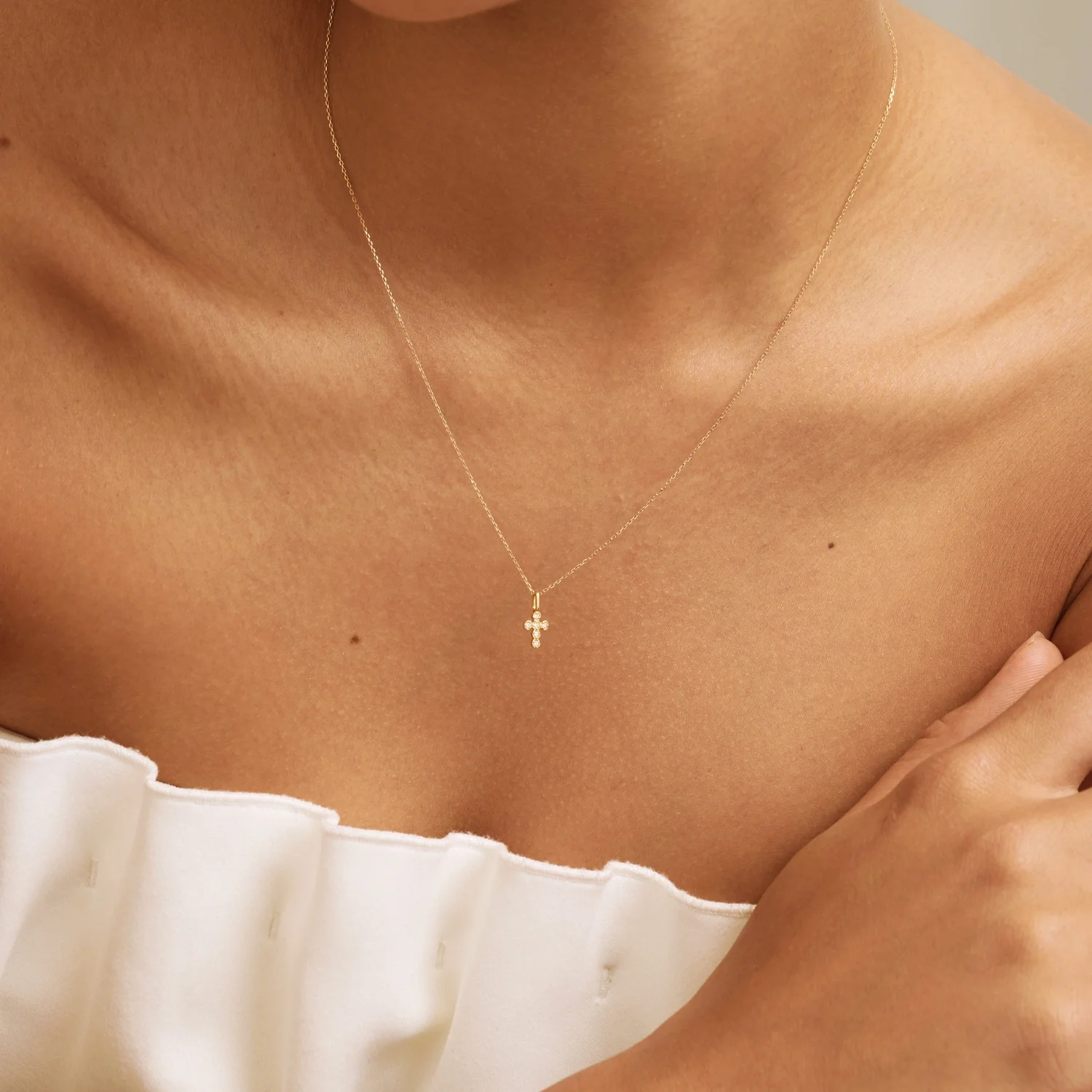 Solid Gold Genuine Diamond Rounded Tiny Cross Necklace - Image 3