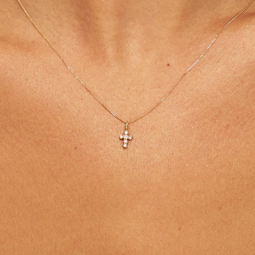 Solid Gold Genuine Diamond Rounded Tiny Cross Necklace - Image 6