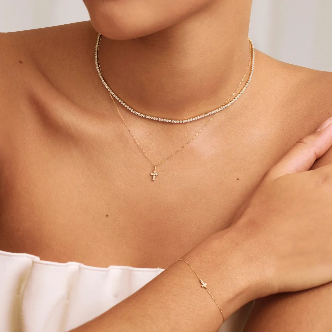 Solid Gold Genuine Diamond Tiny Cross Bracelet - Image 6