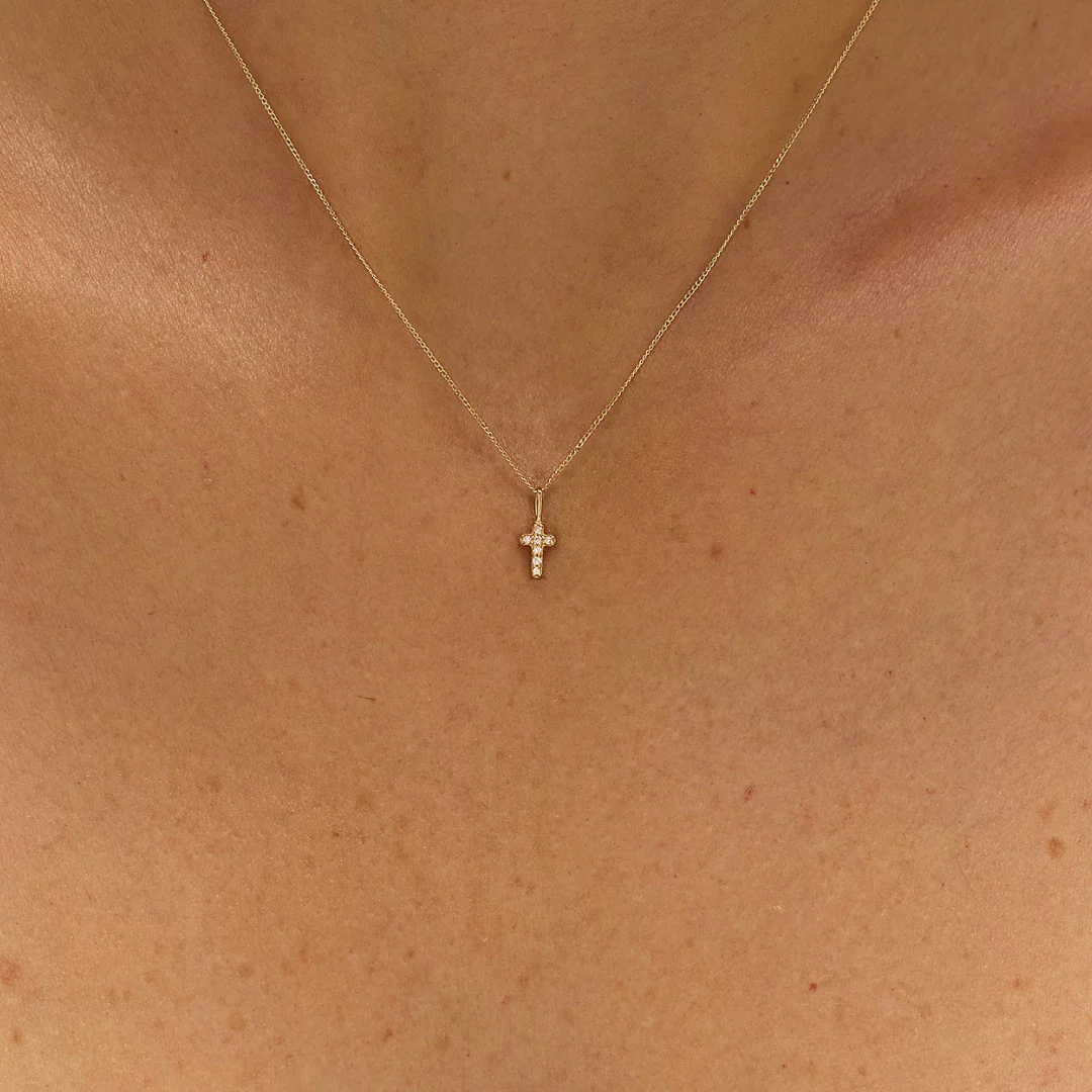 Solid Gold Genuine Diamond Tiny Cross Necklace - Image 3