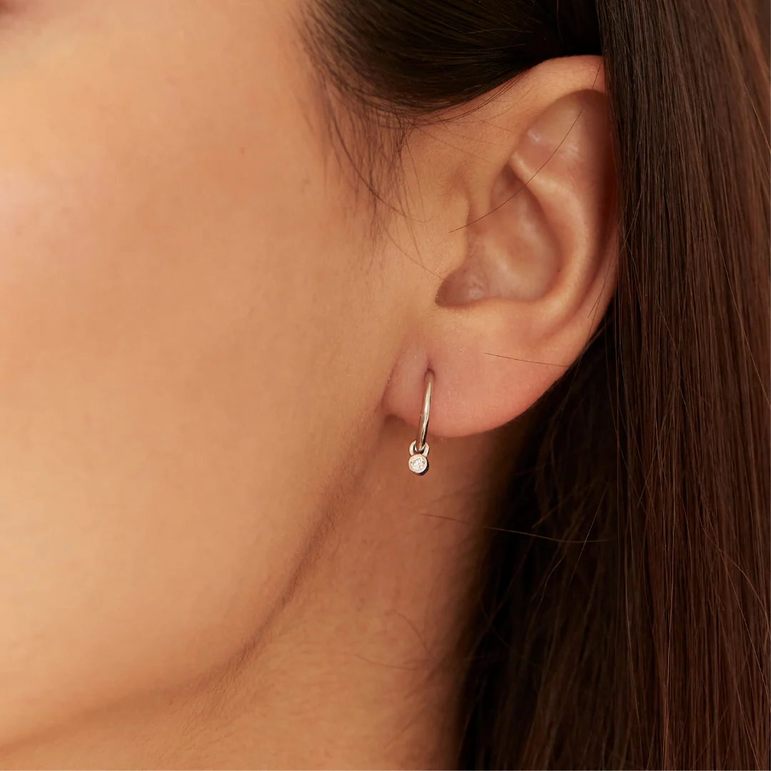 Solid Gold Mini Floating Diamond Hoop Earrings - Image 5