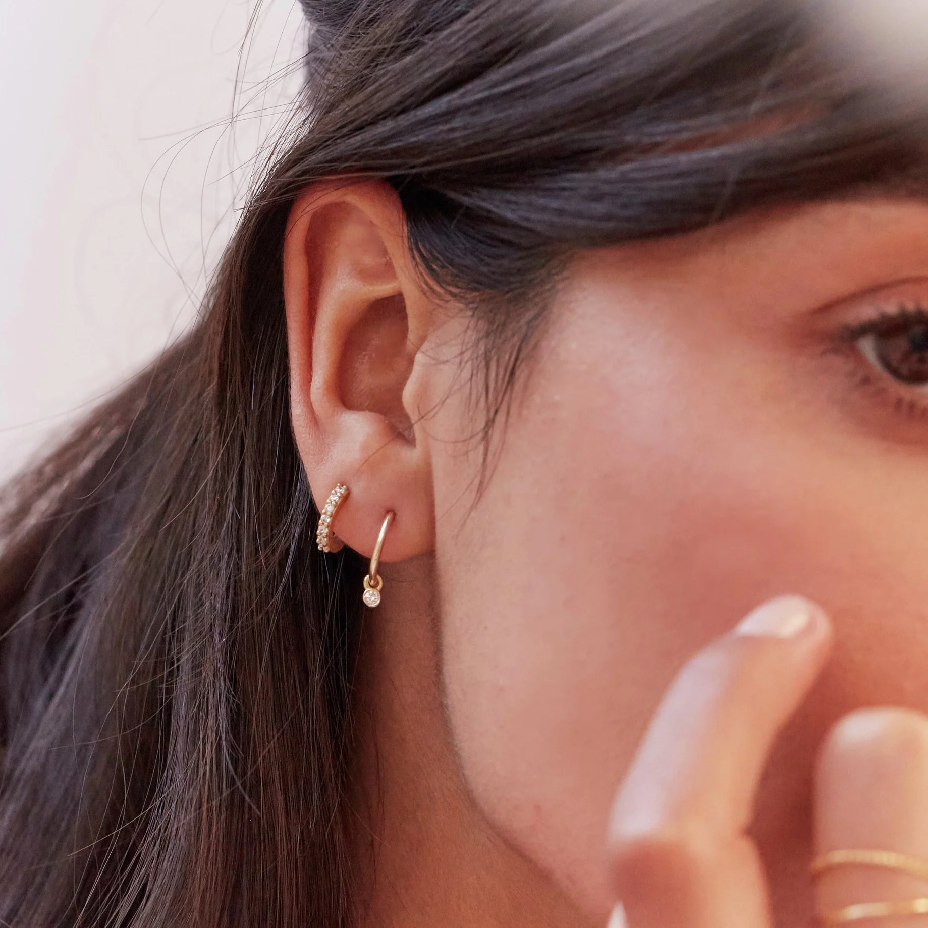 Solid Gold Mini Floating Diamond Hoop Earrings - Image 7